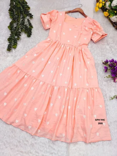 Peach Heart Print Puff Sleeve Tiered Midi Dress